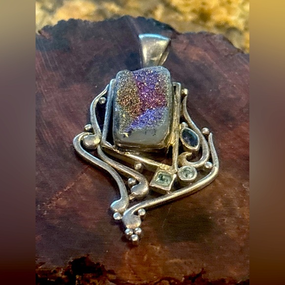 VINTAGE Sterling Silver 925 Iridescent Druzy Blue Topaz Faux Amethyst Pendant - Picture 3 of 15